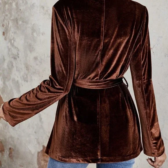 Brown Casual Womens Shawl Collar Belted Velvet Blazer - Picture 2 of 6